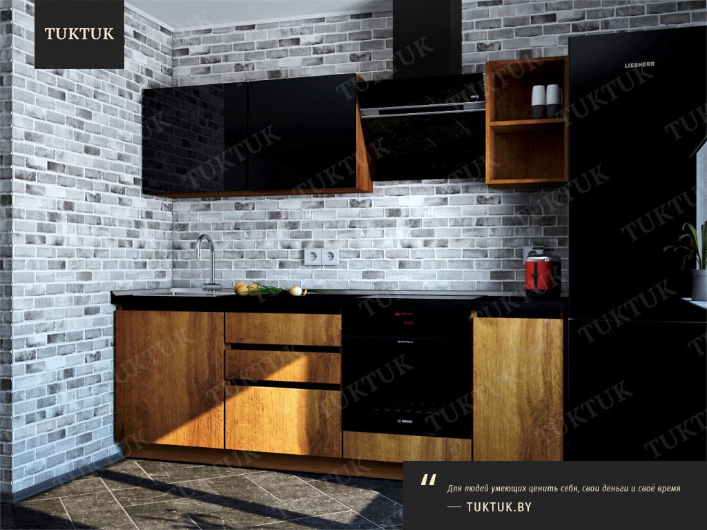 Прямая кухня Chezare Montecarlo Black - Фото кухни в деревенском стиле с темной столешницей